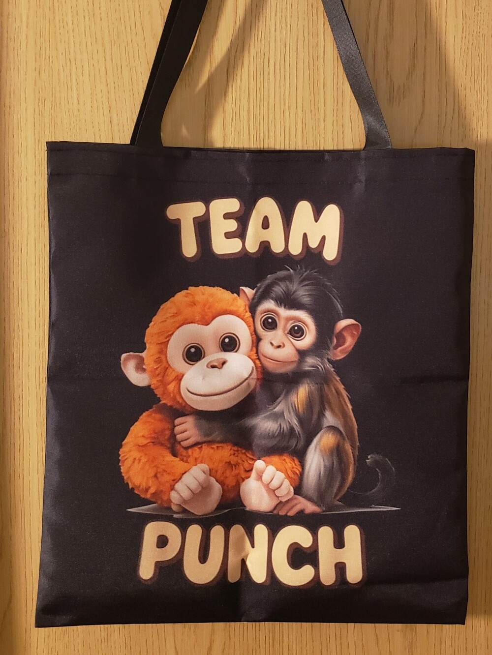 Team Punch Black Graphic Tote Bag with Monkey Design